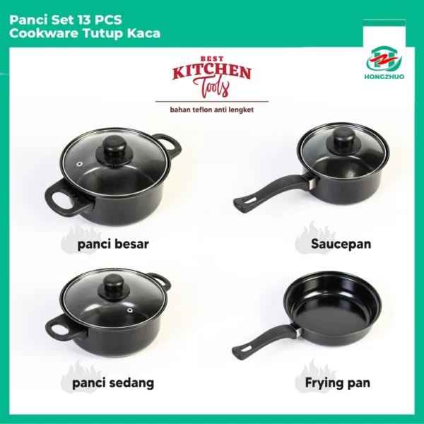 Hongzhuo Cookware Panci Set Wajan Penggorengan Spatula Set Isi 13Pcs 1 Set Frypan Saucepan - Image 5