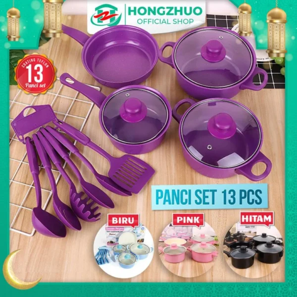 Hongzhuo Cookware Panci Set Wajan Penggorengan Spatula Set Isi 13Pcs 1 Set Frypan Saucepan - Image 3